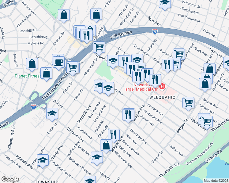 map of restaurants, bars, coffee shops, grocery stores, and more near 279 Goldsmith Avenue in Newark