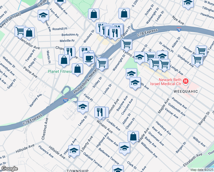 map of restaurants, bars, coffee shops, grocery stores, and more near 324 Wainwright Street in Newark
