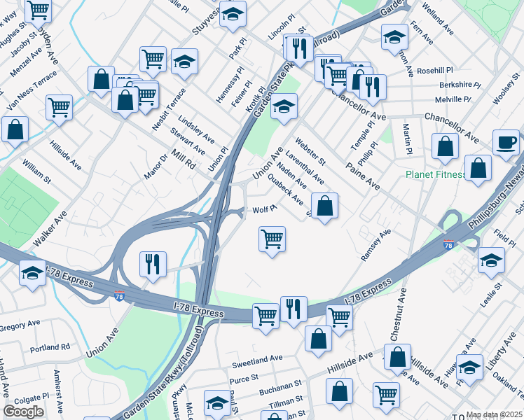map of restaurants, bars, coffee shops, grocery stores, and more near 78 Wolf Place in Hillside