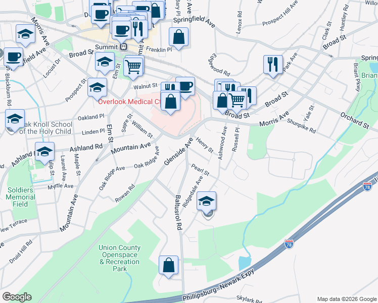 map of restaurants, bars, coffee shops, grocery stores, and more near 2 Baltusrol Road in Summit