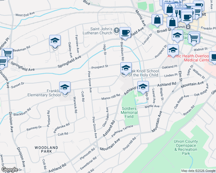 map of restaurants, bars, coffee shops, grocery stores, and more near 81 Blackburn Road in Summit