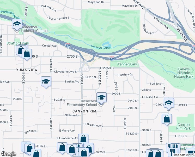 map of restaurants, bars, coffee shops, grocery stores, and more near 2820 Lakeview Drive in Salt Lake City