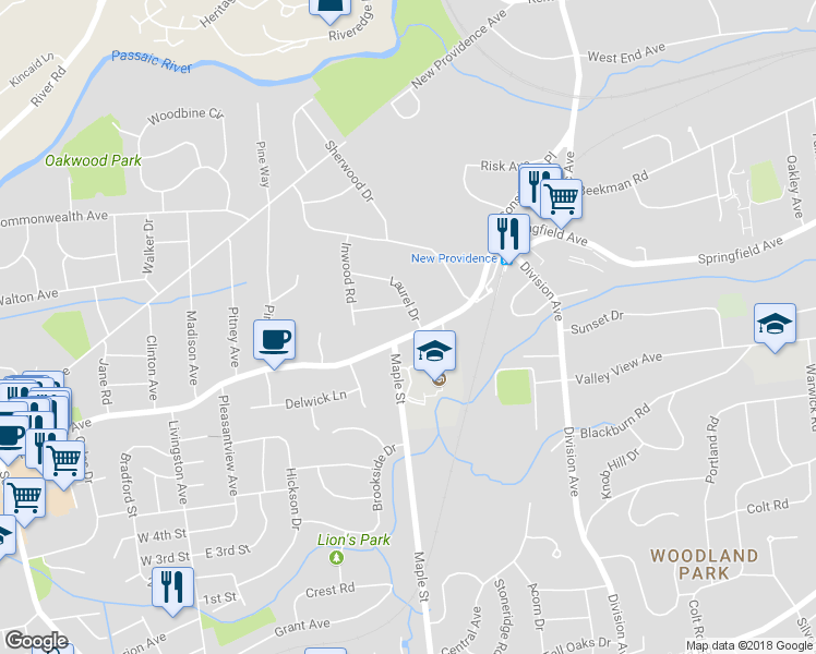 map of restaurants, bars, coffee shops, grocery stores, and more near 915 Springfield Avenue in New Providence