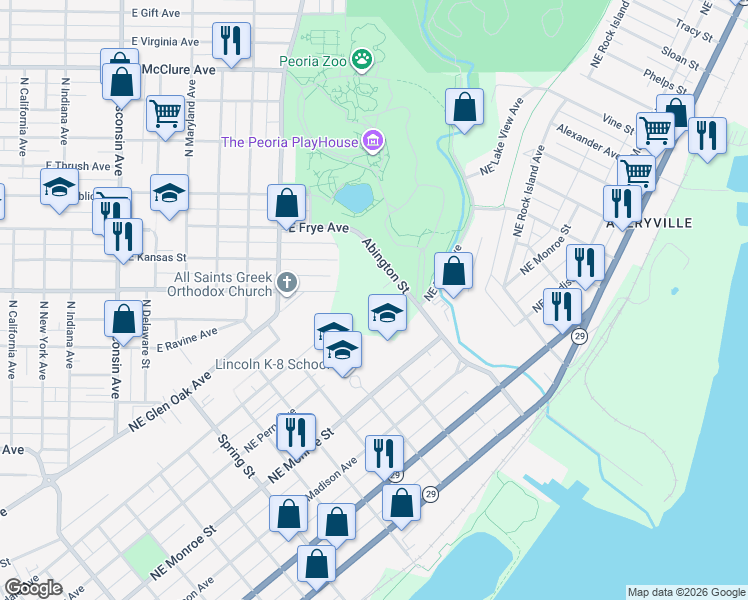 map of restaurants, bars, coffee shops, grocery stores, and more near in Peoria