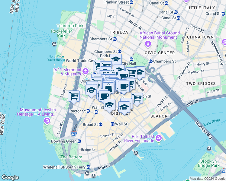 map of restaurants, bars, coffee shops, grocery stores, and more near 180 Broadway in New York
