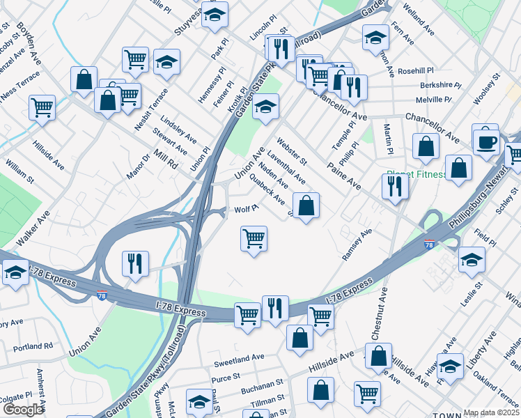 map of restaurants, bars, coffee shops, grocery stores, and more near 37 Young Avenue in Hillside