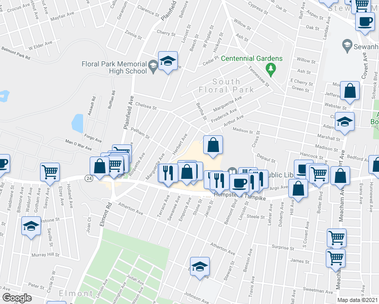 map of restaurants, bars, coffee shops, grocery stores, and more near 58 in Elmont