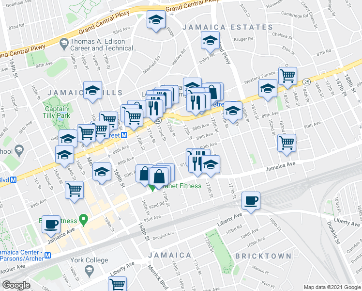 map of restaurants, bars, coffee shops, grocery stores, and more near 1732A 89th Avenue in Queens
