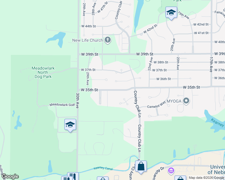 map of restaurants, bars, coffee shops, grocery stores, and more near 2798 W 35th St in Kearney