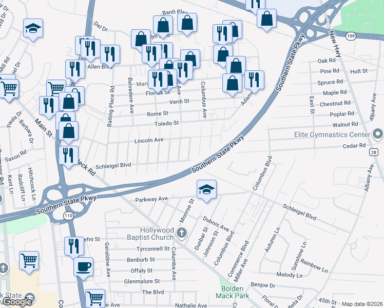map of restaurants, bars, coffee shops, grocery stores, and more near 13 Harrison Street in Farmingdale