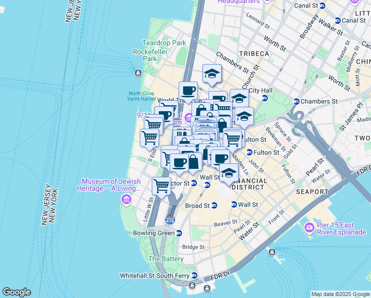 map of restaurants, bars, coffee shops, grocery stores, and more near 200 Washington Street in New York