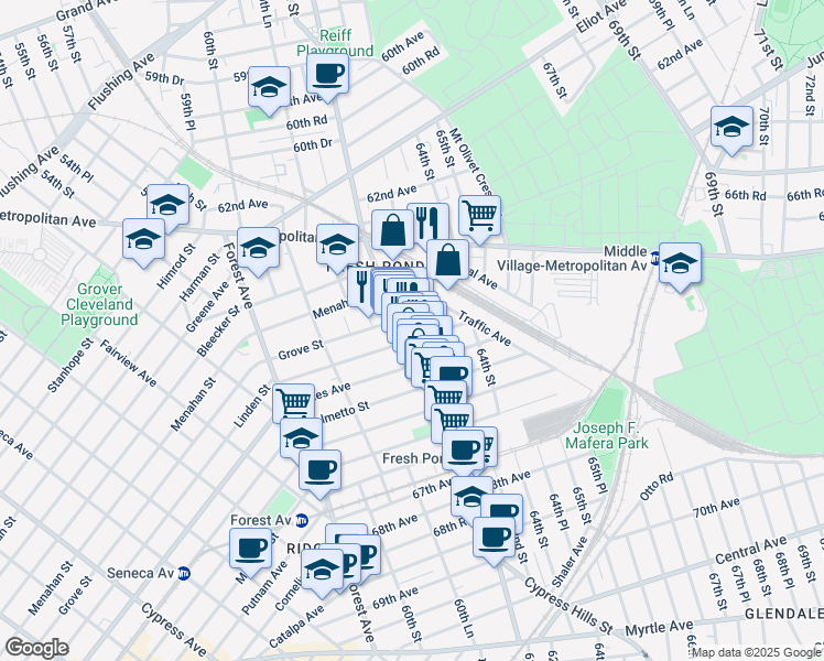 map of restaurants, bars, coffee shops, grocery stores, and more near 64-13 Fresh Pond Road in Queens