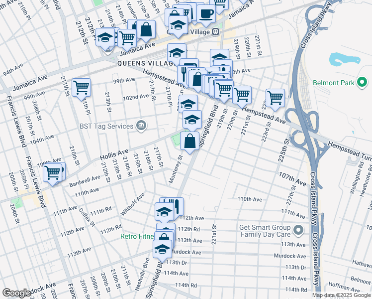 map of restaurants, bars, coffee shops, grocery stores, and more near 107-17 Monterey Street in Queens