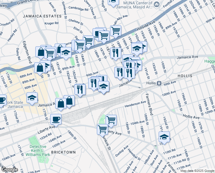 map of restaurants, bars, coffee shops, grocery stores, and more near 185-01 Jamaica Avenue in Queens