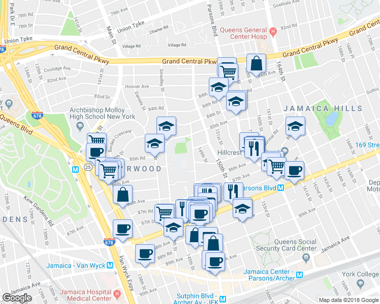 map of restaurants, bars, coffee shops, grocery stores, and more near 85-26 148th St in Queens