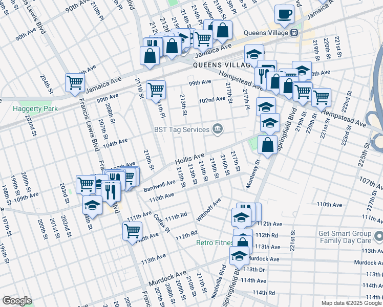 map of restaurants, bars, coffee shops, grocery stores, and more near 104-66 214th Street in Queens