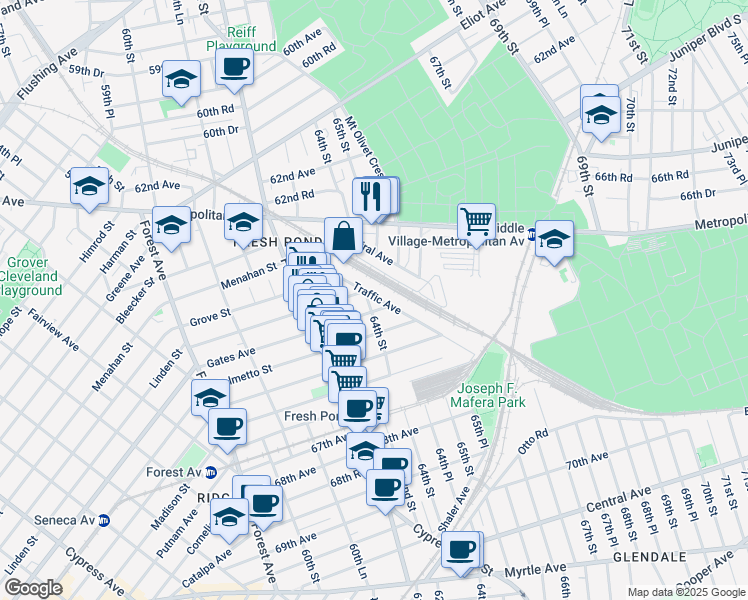map of restaurants, bars, coffee shops, grocery stores, and more near 6401 Traffic Avenue in Queens