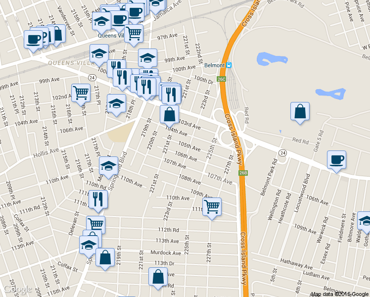 map of restaurants, bars, coffee shops, grocery stores, and more near 105-06 223rd Street in Queens