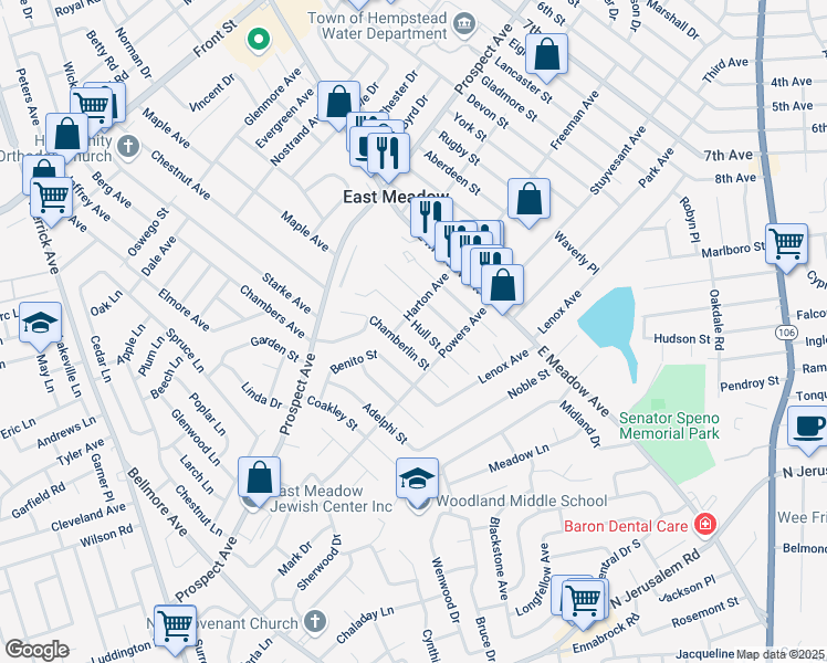 map of restaurants, bars, coffee shops, grocery stores, and more near 516 Hull Street in East Meadow