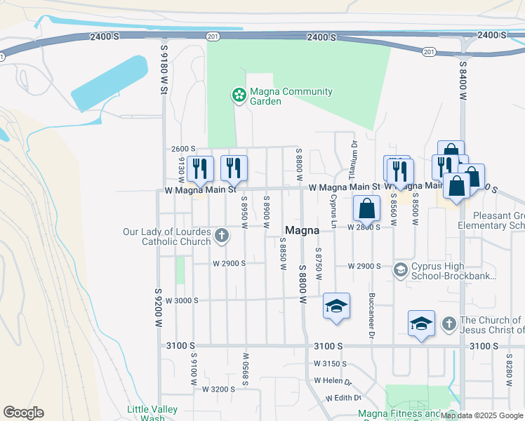 map of restaurants, bars, coffee shops, grocery stores, and more near 2756 South 8900 West in Magna