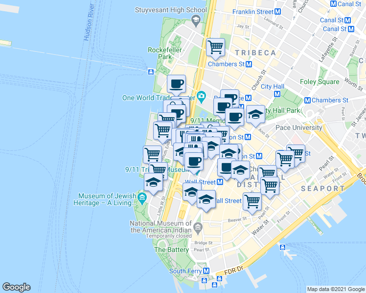map of restaurants, bars, coffee shops, grocery stores, and more near 87 West Street in New York