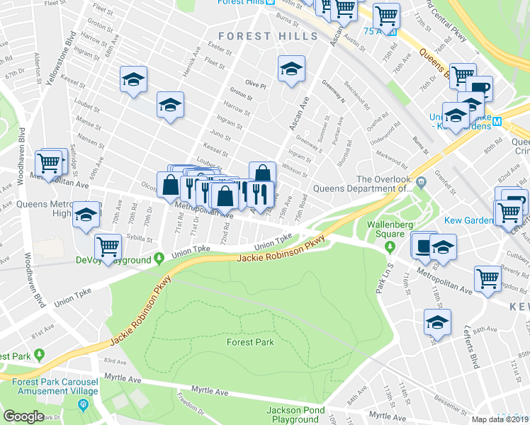 map of restaurants, bars, coffee shops, grocery stores, and more near 99-11 74th Avenue in Queens