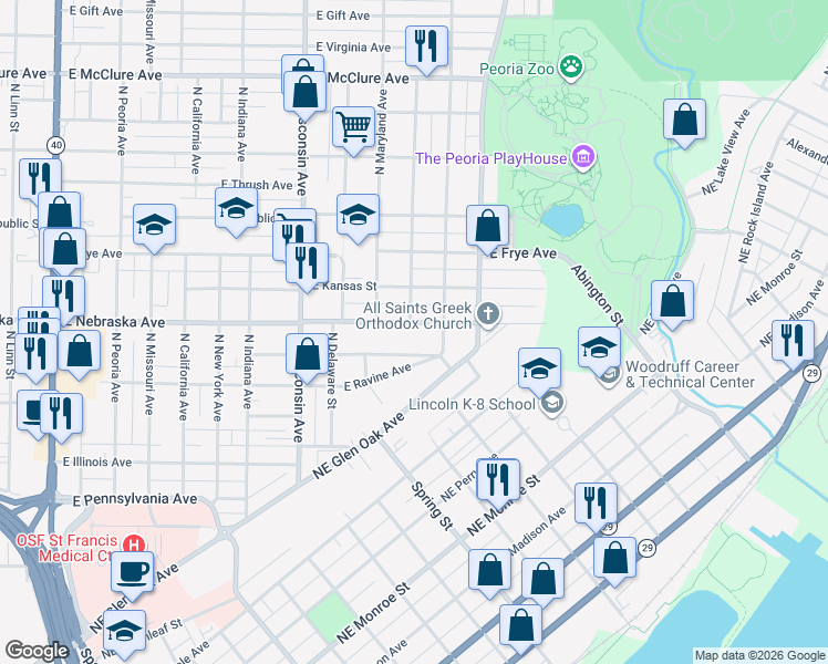 map of restaurants, bars, coffee shops, grocery stores, and more near 1100 East Nebraska Avenue in Peoria