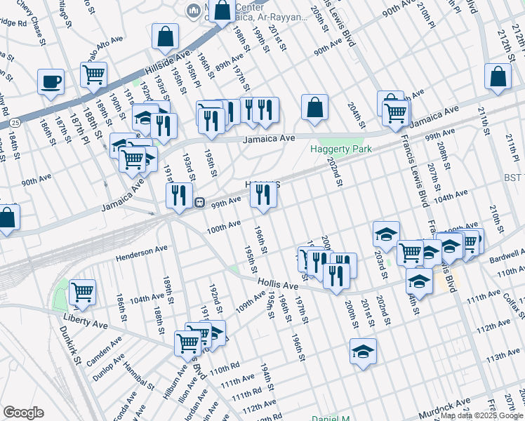 map of restaurants, bars, coffee shops, grocery stores, and more near 196-15 100th Avenue in Queens