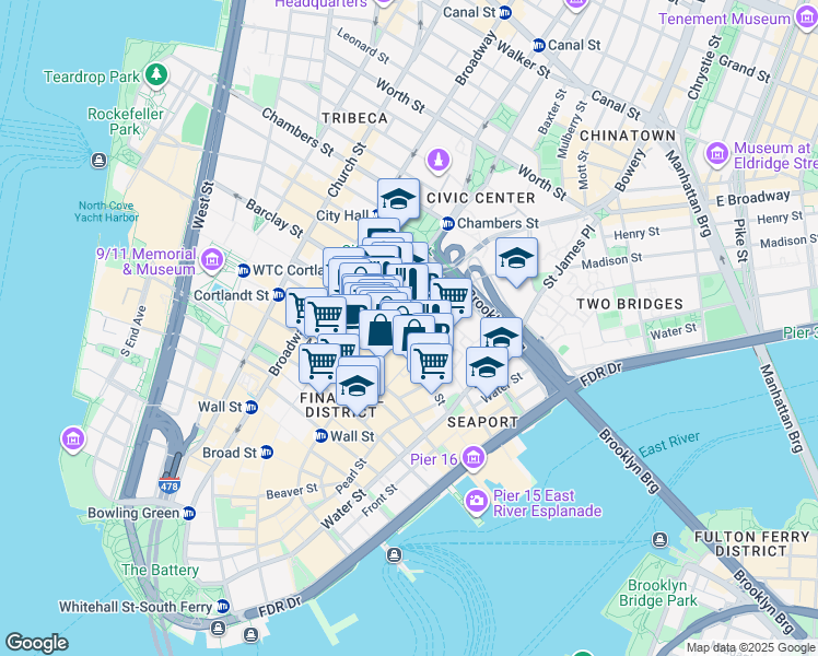 map of restaurants, bars, coffee shops, grocery stores, and more near 160 William Street in New York