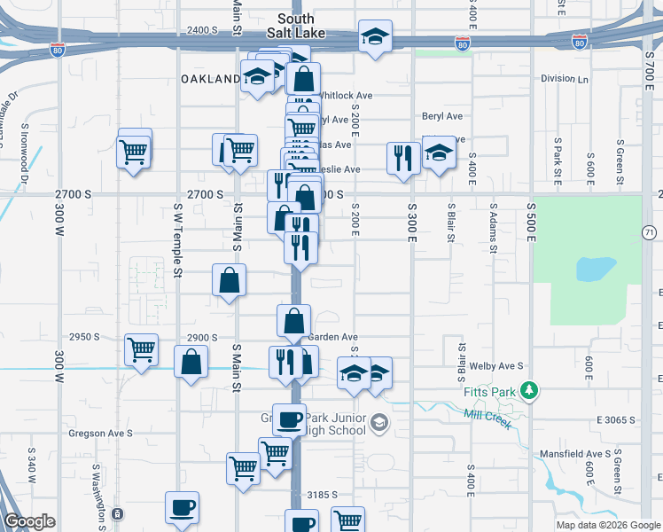map of restaurants, bars, coffee shops, grocery stores, and more near 151 Sunset Avenue South in South Salt Lake