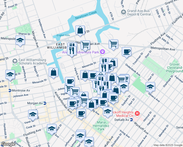 map of restaurants, bars, coffee shops, grocery stores, and more near 165 Randolph Street in Brooklyn