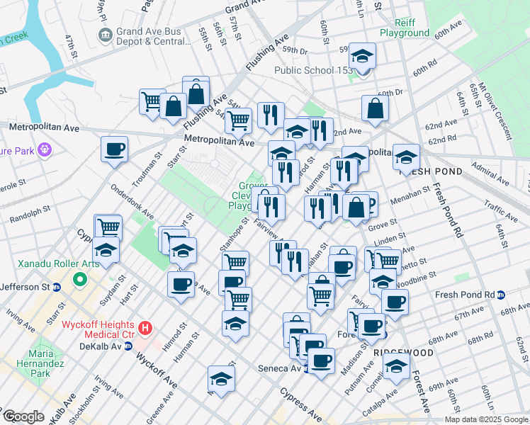 map of restaurants, bars, coffee shops, grocery stores, and more near 20-19 Himrod Street in Queens