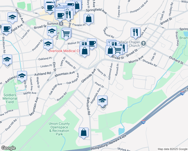 map of restaurants, bars, coffee shops, grocery stores, and more near 2 Baltusrol Road in Summit