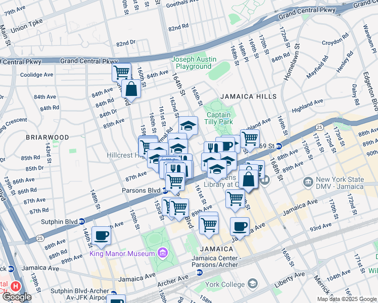 map of restaurants, bars, coffee shops, grocery stores, and more near 86-38 162nd Street in Queens