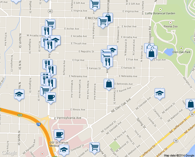 map of restaurants, bars, coffee shops, grocery stores, and more near 702 East Nebraska Avenue in Peoria