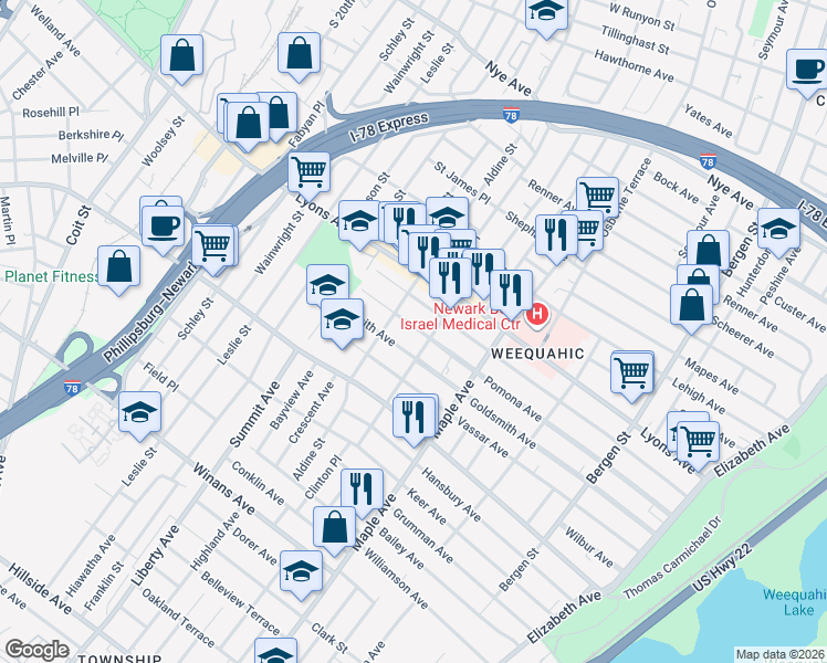 map of restaurants, bars, coffee shops, grocery stores, and more near 241 Pomona Avenue in Newark