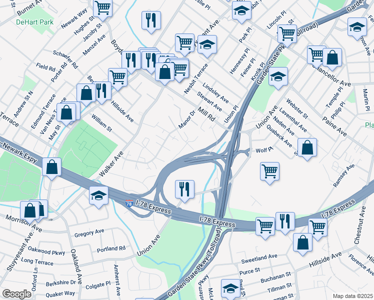 map of restaurants, bars, coffee shops, grocery stores, and more near 407 Orchard Meadows Drive South in Union