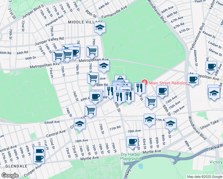 map of restaurants, bars, coffee shops, grocery stores, and more near 79-73 69th Avenue in Queens
