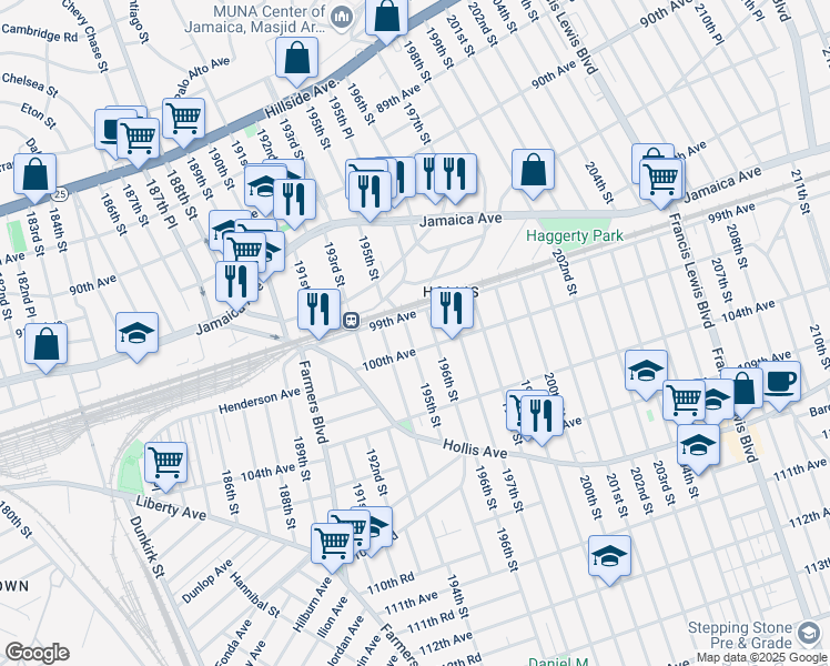 map of restaurants, bars, coffee shops, grocery stores, and more near 99-15 195th Street in Queens