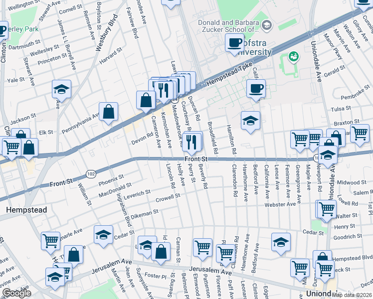 map of restaurants, bars, coffee shops, grocery stores, and more near 120 Meadowbrook Rd in Hempstead