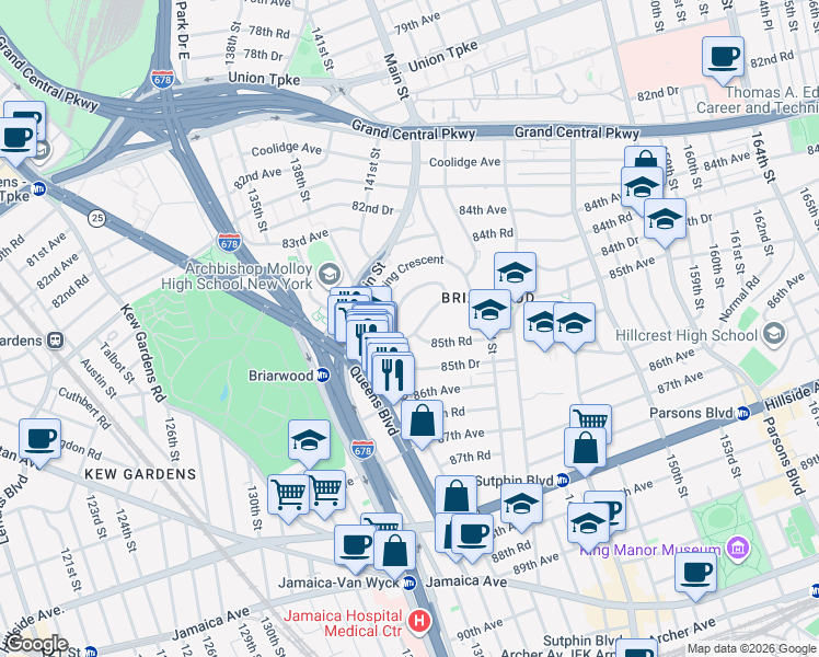 map of restaurants, bars, coffee shops, grocery stores, and more near 140-17 84th Drive in Queens
