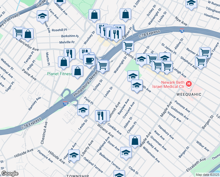 map of restaurants, bars, coffee shops, grocery stores, and more near 324 Wainwright Street in Newark