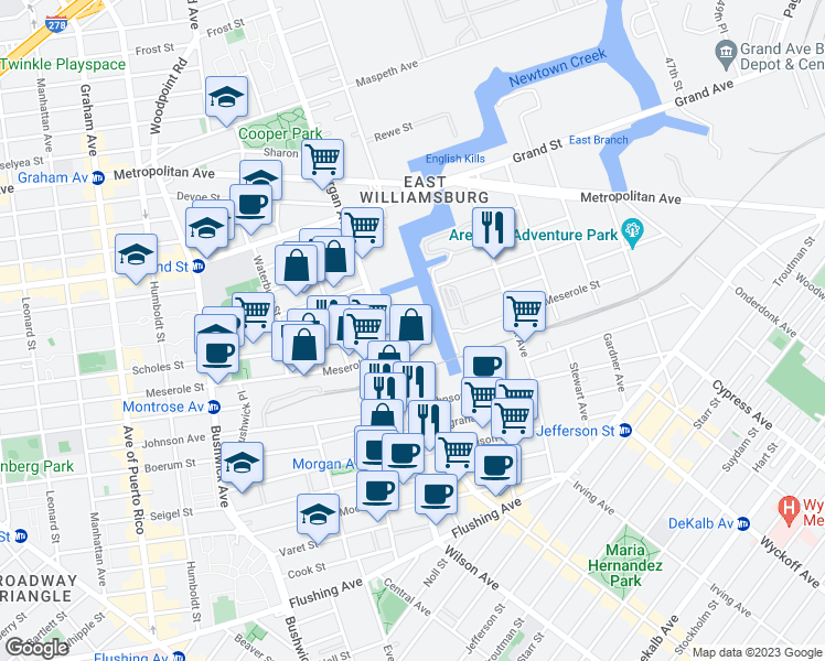 map of restaurants, bars, coffee shops, grocery stores, and more near 154 Morgan Avenue in Brooklyn