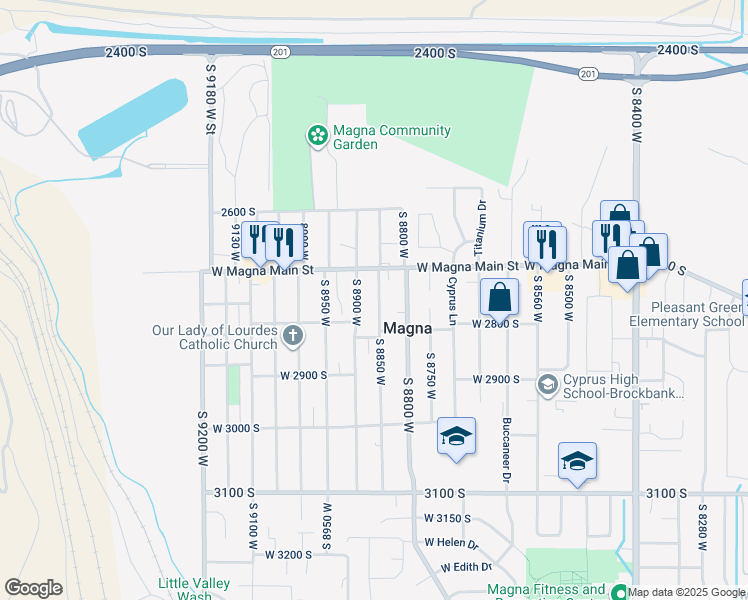 map of restaurants, bars, coffee shops, grocery stores, and more near 2754 South 8850 West in Magna