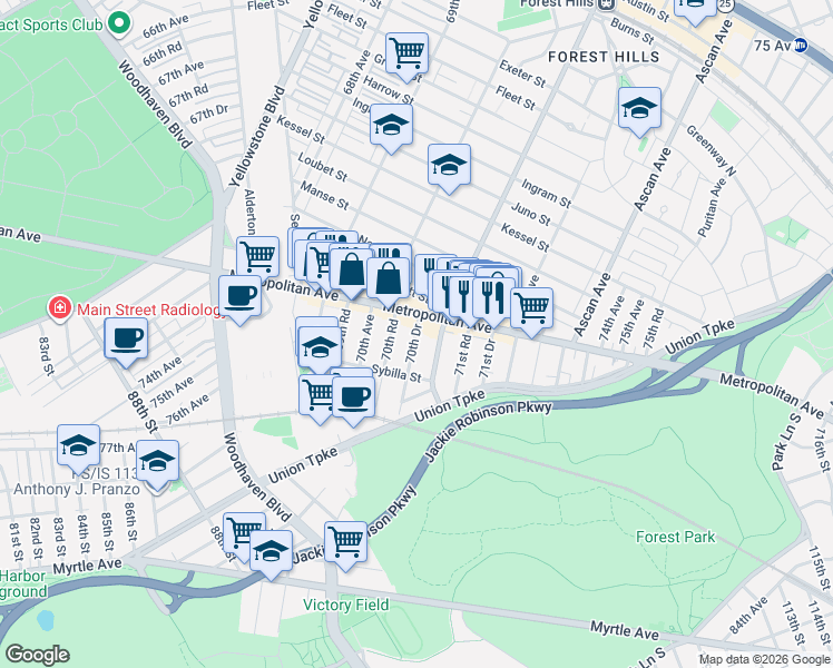 map of restaurants, bars, coffee shops, grocery stores, and more near 90-39 70th Drive in Queens