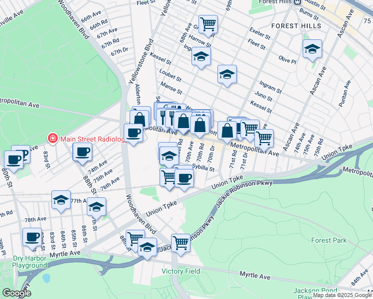 map of restaurants, bars, coffee shops, grocery stores, and more near 89-31 70th Avenue in Queens