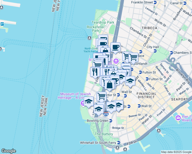 map of restaurants, bars, coffee shops, grocery stores, and more near 315 South End Avenue in New York