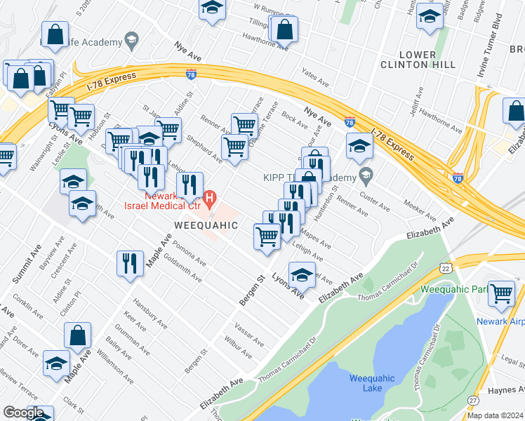map of restaurants, bars, coffee shops, grocery stores, and more near 142 Mapes Avenue in Newark