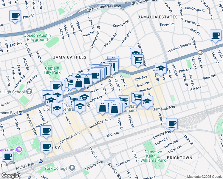 map of restaurants, bars, coffee shops, grocery stores, and more near 88-15 170th Street in Queens