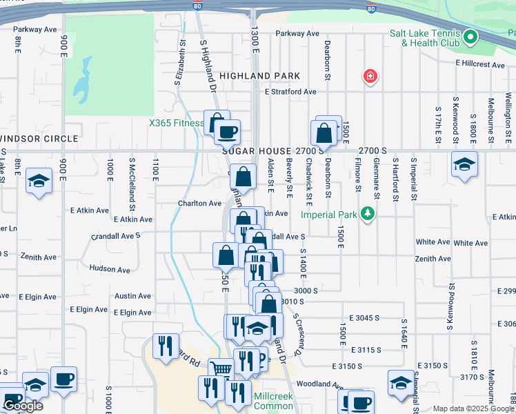 map of restaurants, bars, coffee shops, grocery stores, and more near 2811 South 1300 East in Salt Lake City